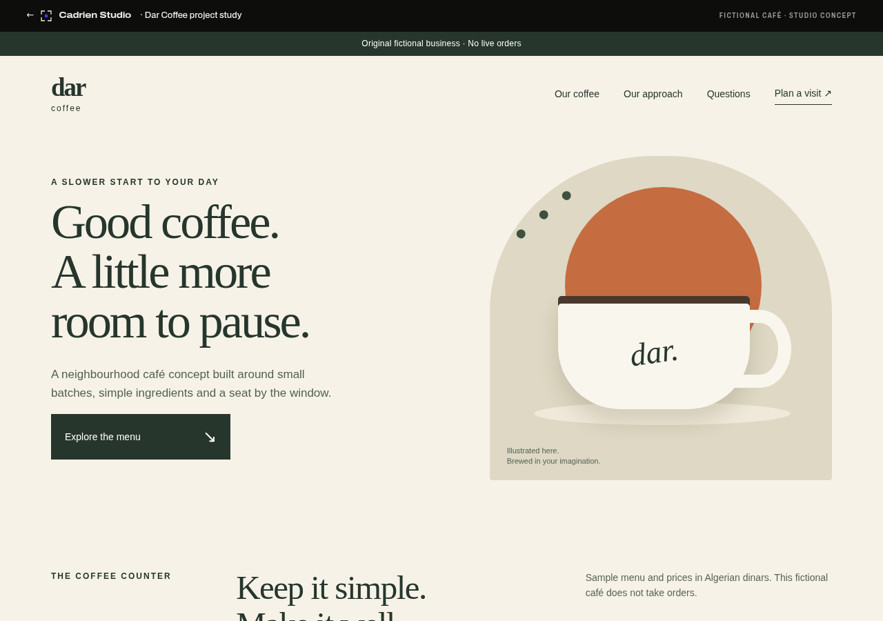 Dar Coffee concept website, featuring warm editorial typography and an original cup illustration